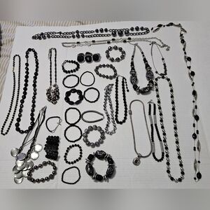 Huge Black and Silver Colored Necklaces and Bracelets Costume Jewelry Bundle